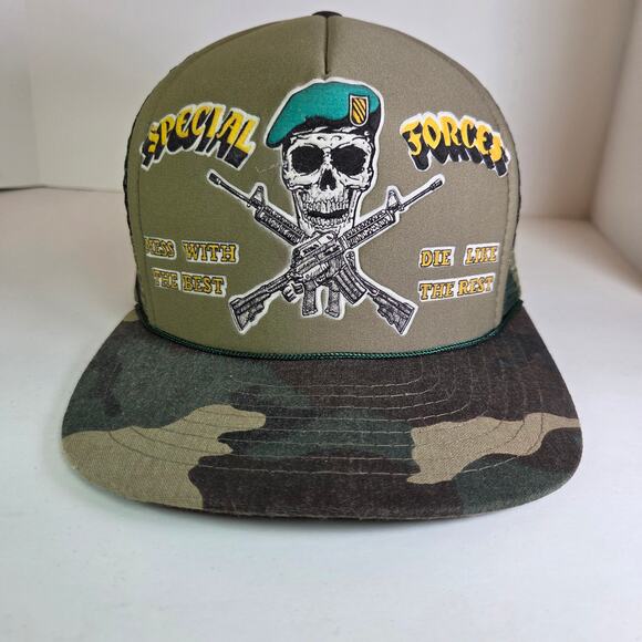 Vintage Taiwan ROC Special Forces Mesh Snapback Hat Skull Rifles Camo 1980s - Picture 1 of 11